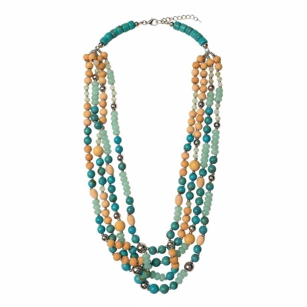 NWT Retail $34.95 Lane Bryant Beaded Multi Strand Necklace Turquoise Wood Silver